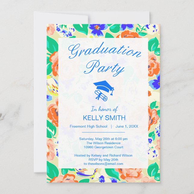 Cute colourful floral pattern graduation party invitation (Front)