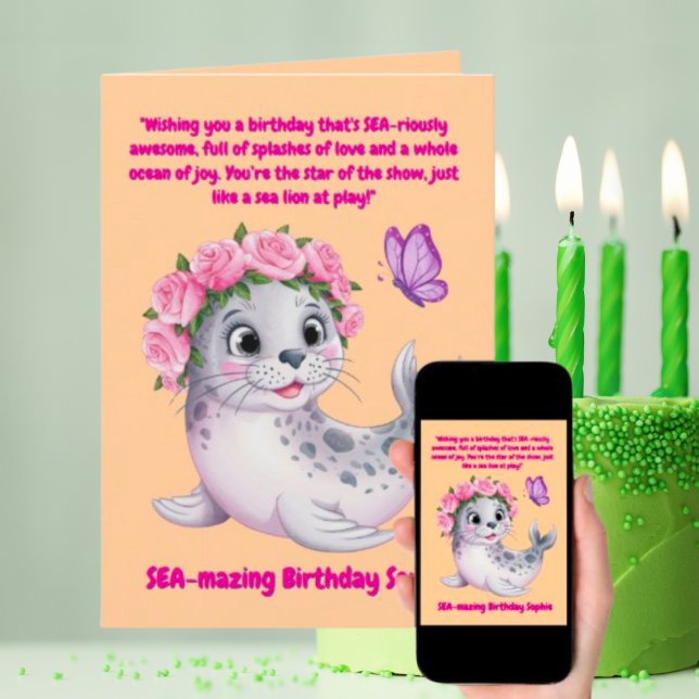 Cute Colourful Floral Sea Lion Girly Kids Birthday Card (Creator Uploaded)