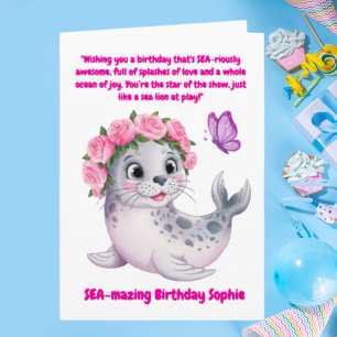 Cute Colourful Floral Sea Lion Girly Kids Birthday Card