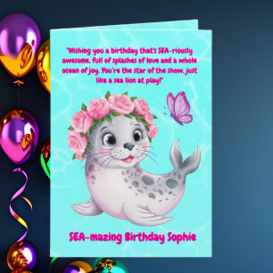 Cute Colourful Floral Sea Lion Girly Kids Birthday Card