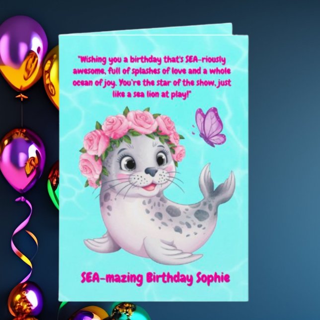 Cute Colourful Floral Sea Lion Girly Kids Birthday Card (Creator Uploaded)