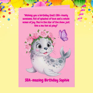 Cute Colourful Floral Sea Lion Girly Kids Birthday Card