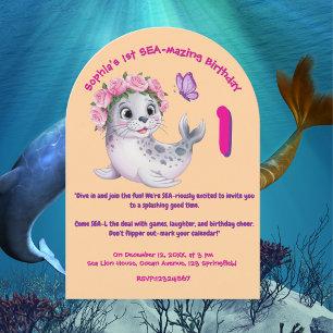 Cute Colourful Floral Sea Lion Girly Kids Birthday Invitation
