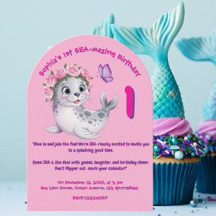 Cute Colourful Floral Sea Lion Girly Kids Birthday Invitation