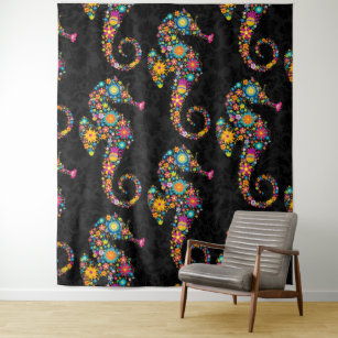 Cute Colourful Floral Seahorse Black Damasks Tapestry