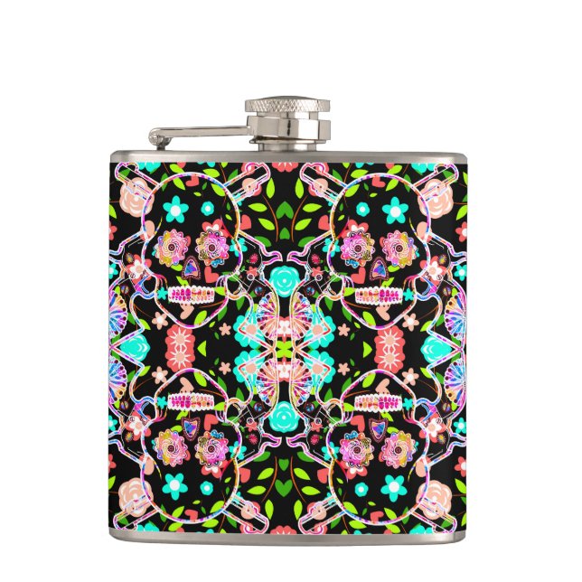 Cute colourful floral skull hip flask (Front)