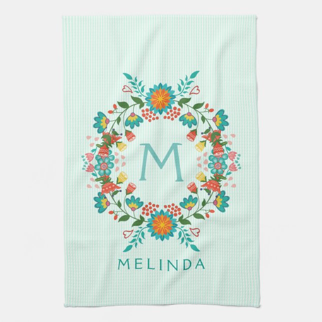Cute Colourful Floral Wreath Tea Towel (Vertical)