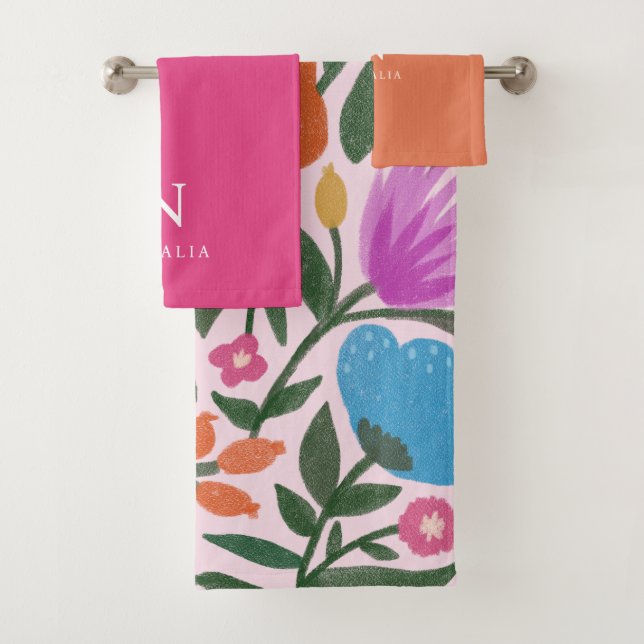 Cute Colourful Florals Girls Monogram and Name    Bath Towel Set (Insitu)