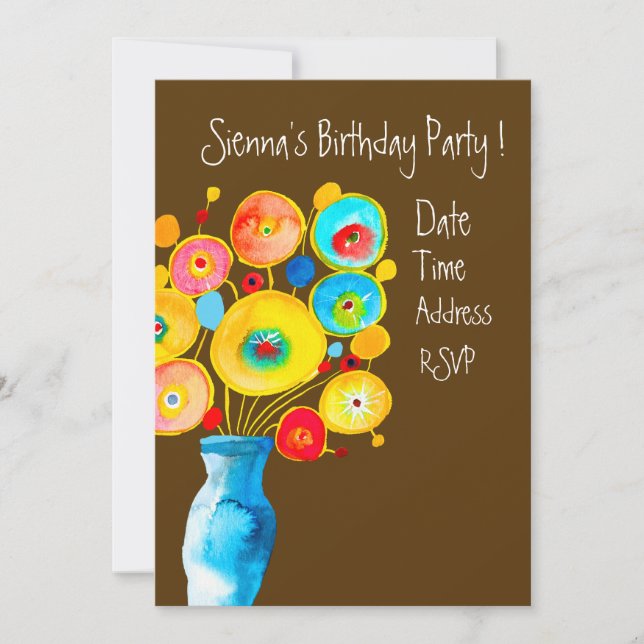 Cute colourful flower art birthday party invitation (Front)