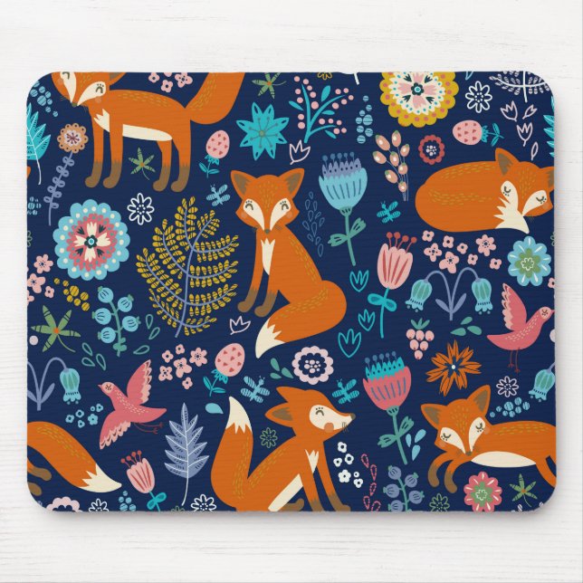 Cute Colourful Flowers & Foxes Pattern Mouse Pad (Front)