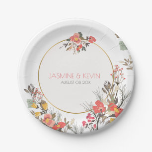 Cute Colourful Flowers Frame Gold Accent Paper Plate