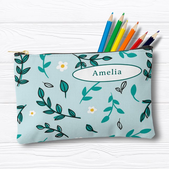 Cute Colourful Flowers Leaves Blue Pencil Case Accessory Pouch (Creator Uploaded)