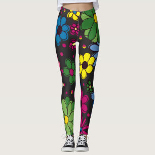 Cute Colourful Flowers on Black Leggings