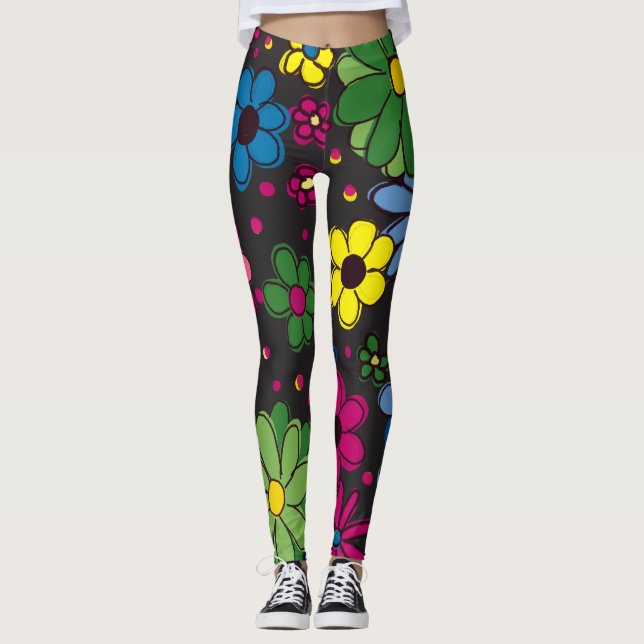Cute Colourful Flowers on Black Leggings (Front)