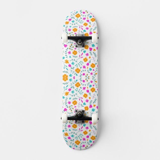 Cute colourful flowers pattern fabric skateboard (Front)
