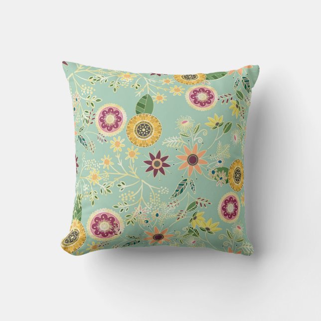 Cute Colourful Folk Floral Original Golden Design Cushion (Front)