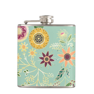 Cute Colourful Folk Floral Original Golden Design Hip Flask