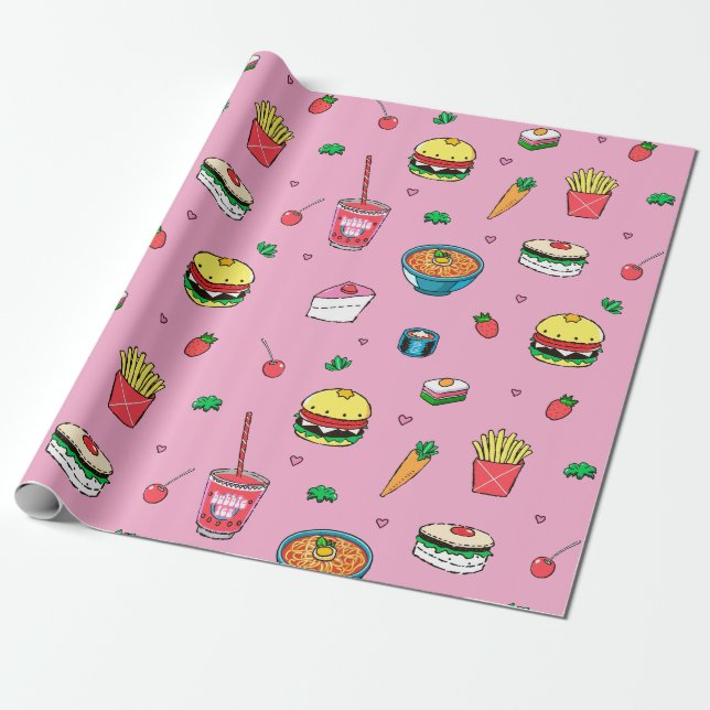 Cute Colourful Food Pattern on Pink Wrapping Paper (Unrolled)