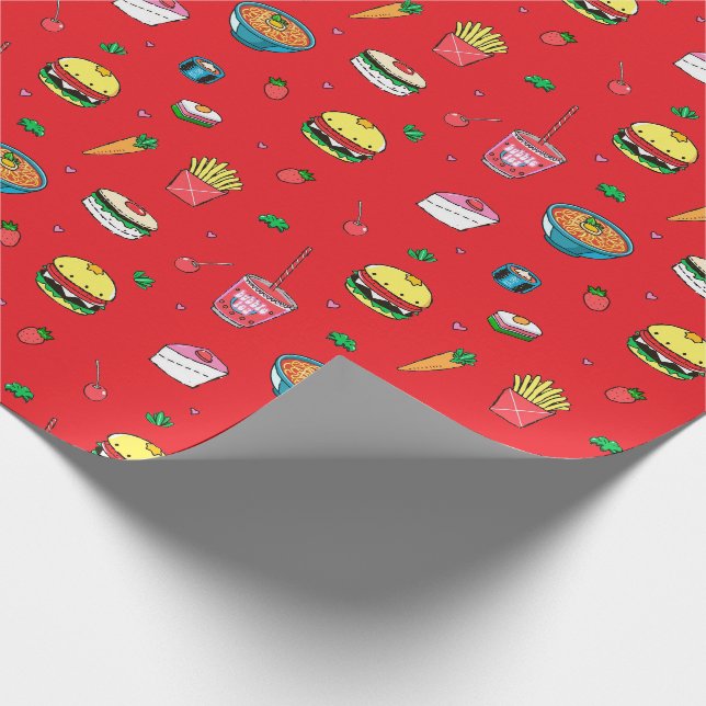 Cute Colourful Food Pattern on Red Wrapping Paper (Corner)