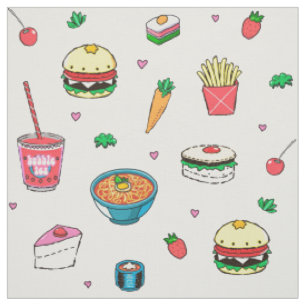 Cute Colourful Food Pattern on White Fabric