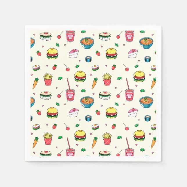 Cute Colourful Food Pattern on White Napkin (Front)