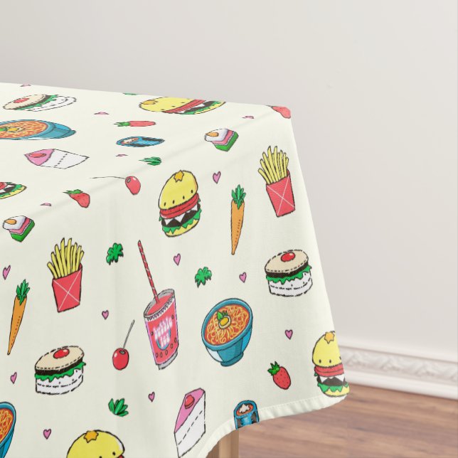 Cute Colourful Food Pattern on White Tablecloth (In Situ)