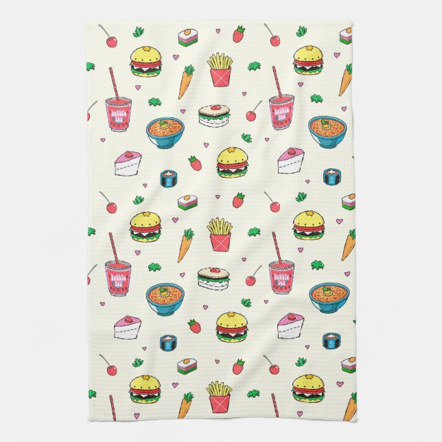 Cute Colourful Food Pattern on White Tea Towel (Vertical)