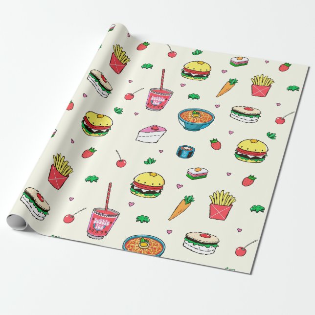 Cute Colourful Food Pattern on White Wrapping Paper (Unrolled)