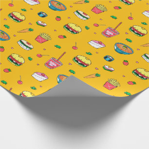 Cute Colourful Food Pattern on Yellow Wrapping Paper