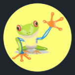Cute Colourful Frog Funny Animal Kids Classic Round Sticker<br><div class="desc">Cute Frog Funny Animal Kids Sticker. This colourful green, blue and orange cartoon frog is waving his big hand to say hello. Use the customise button to add text or wording, or buy plain, as is. Also there are matching stickers that are preprinted with Thank You, Get Well, and Happy...</div>