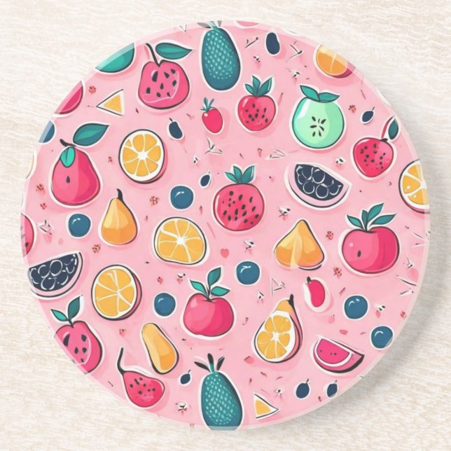 Cute colourful fruits pink decor coaster (Front)