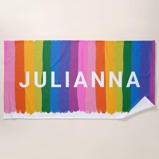 Cute Colourful Fun Rainbow Stripes Personalised Beach Towel (Front)
