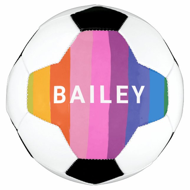 Cute Colourful Fun Rainbow Stripes Personalised Soccer Ball (Front)