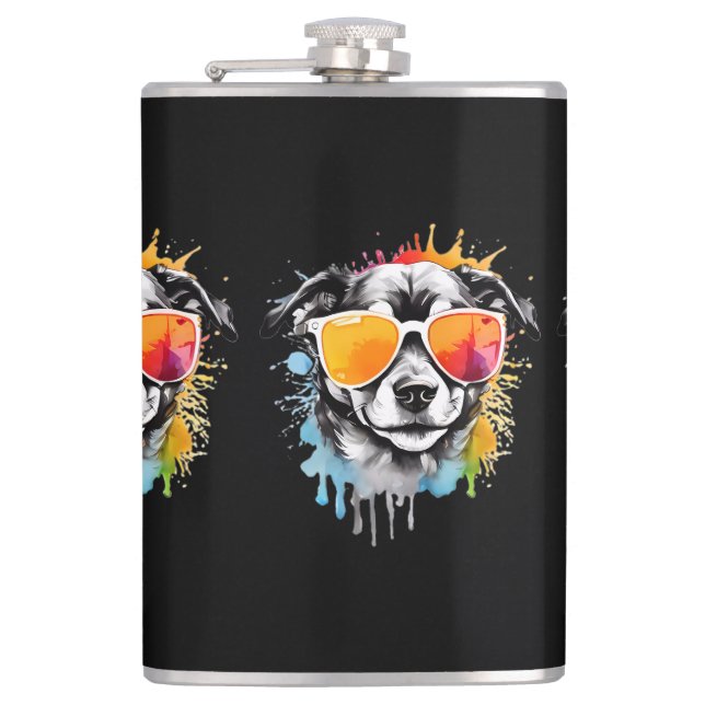 Cute colourful funny Dog portrait rainbow coloured Hip Flask (Front)