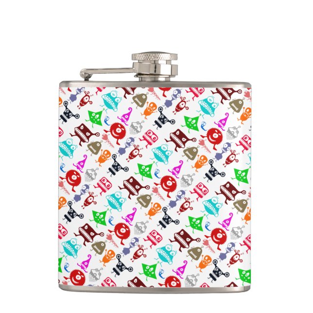Cute colourful funny monsters patterns hip flask (Front)