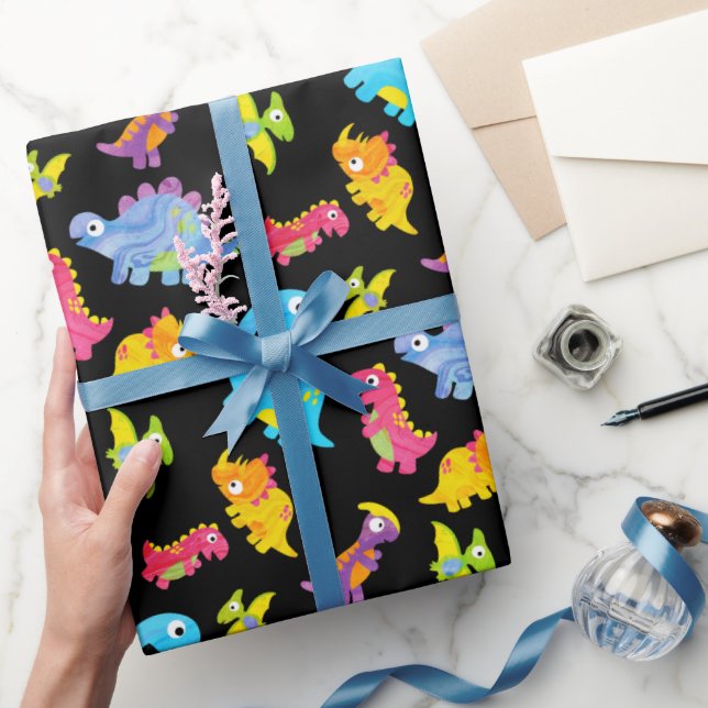 Cute Colourful Funny Unisex Black Baby Dinosaur Wrapping Paper (Gifting)