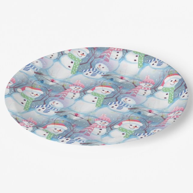 Cute Colourful Funny Winter Season Snowman Pattern Paper Plate (Angled)