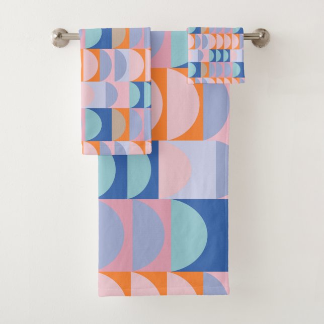 Cute Colourful Geometric Shapes Pattern Blue Bath Towel Set (Insitu)