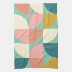 Cute Colourful Geometric Shapes Pattern in Teal Tea Towel