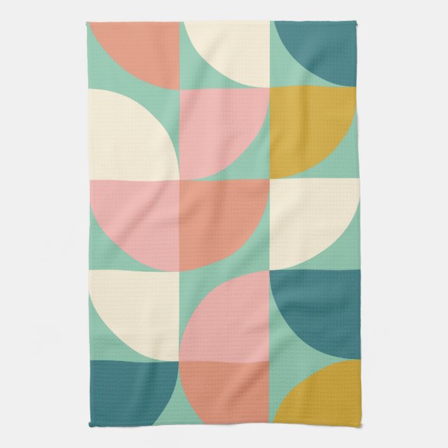 Cute Colourful Geometric Shapes Pattern in Teal Tea Towel (Vertical)