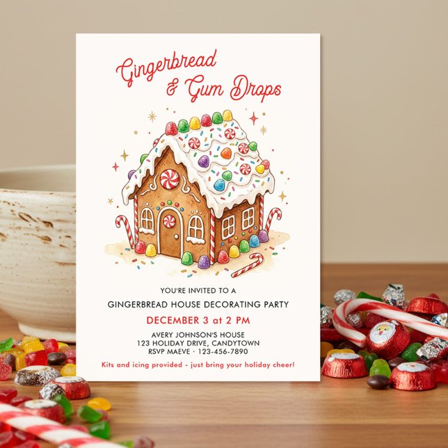 Cute Colourful Gingerbread House Decorating Party Invitation (Kids gingerbread house decorating party invitation by Darling & May - printed or digital download)