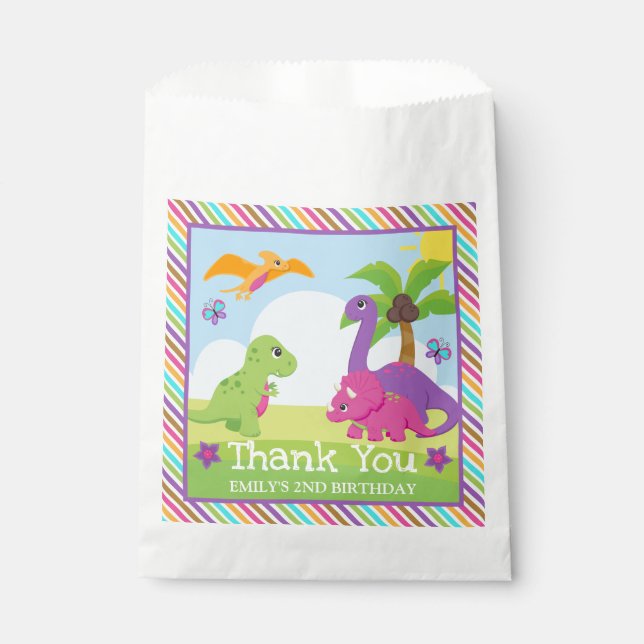 Cute Colourful Girl Dinosaur Friends Birthday Favour Bags (Front)