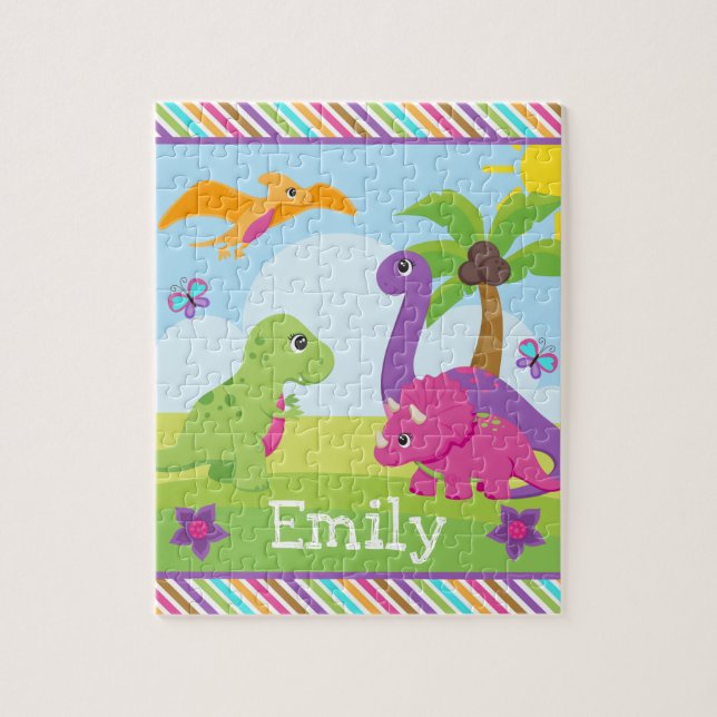 Cute Colourful Girl Dinosaur Friends Kids Jigsaw Puzzle (Vertical)