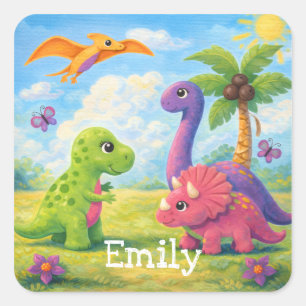 Cute Colourful Girl Dinosaur Friends Kids Square Sticker