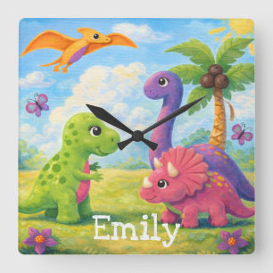 Cute Colourful Girl Dinosaur Friends Kids  Square Wall Clock