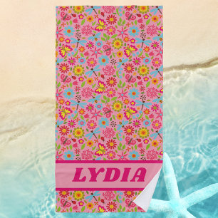 Cute Colourful Girly Monogram First Name Kids Beach Towel