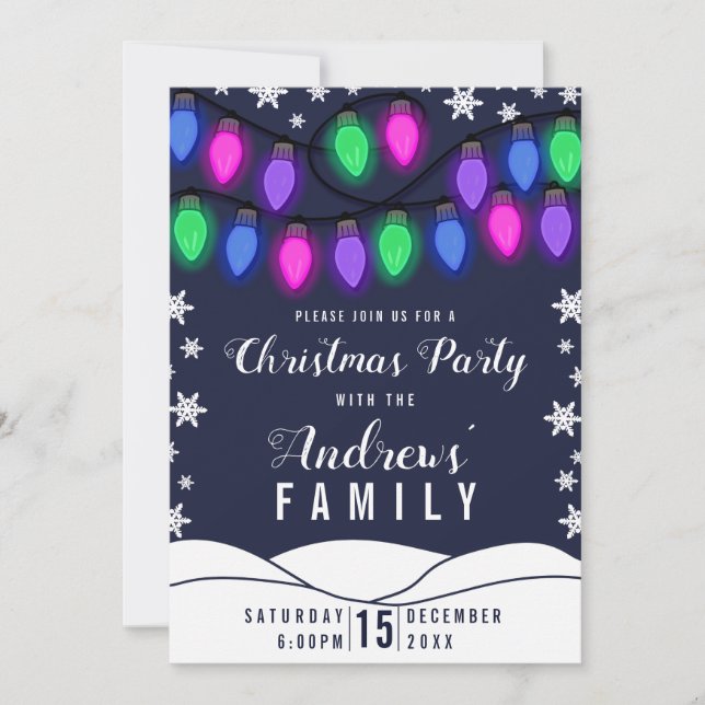 Cute Colourful Glowing Hanging Lights Christmas Invitation (Front)