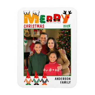 Cute Colourful Gnomes Merry Christmas Family Photo Magnet