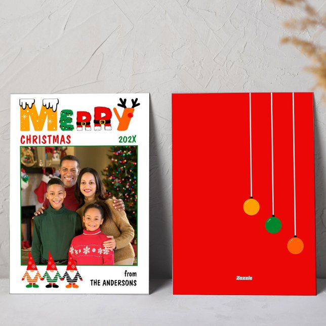Cute Colourful Gnomes Merry Christmas One Photo  Holiday Card (Creator Uploaded)