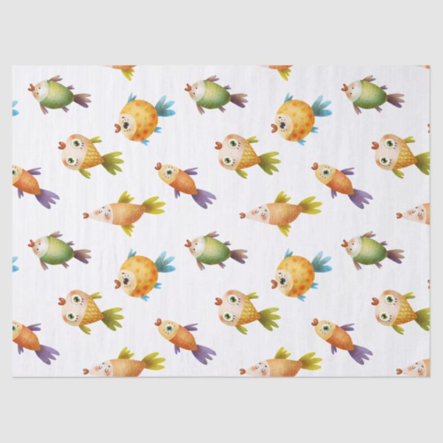 Cute Colourful Goldfish on White Decoupage Tissue Paper (Front)